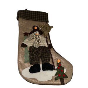 D & F Designs Christmas Stocking Brown Tan 3D Appliqué Snowman Broom Trees